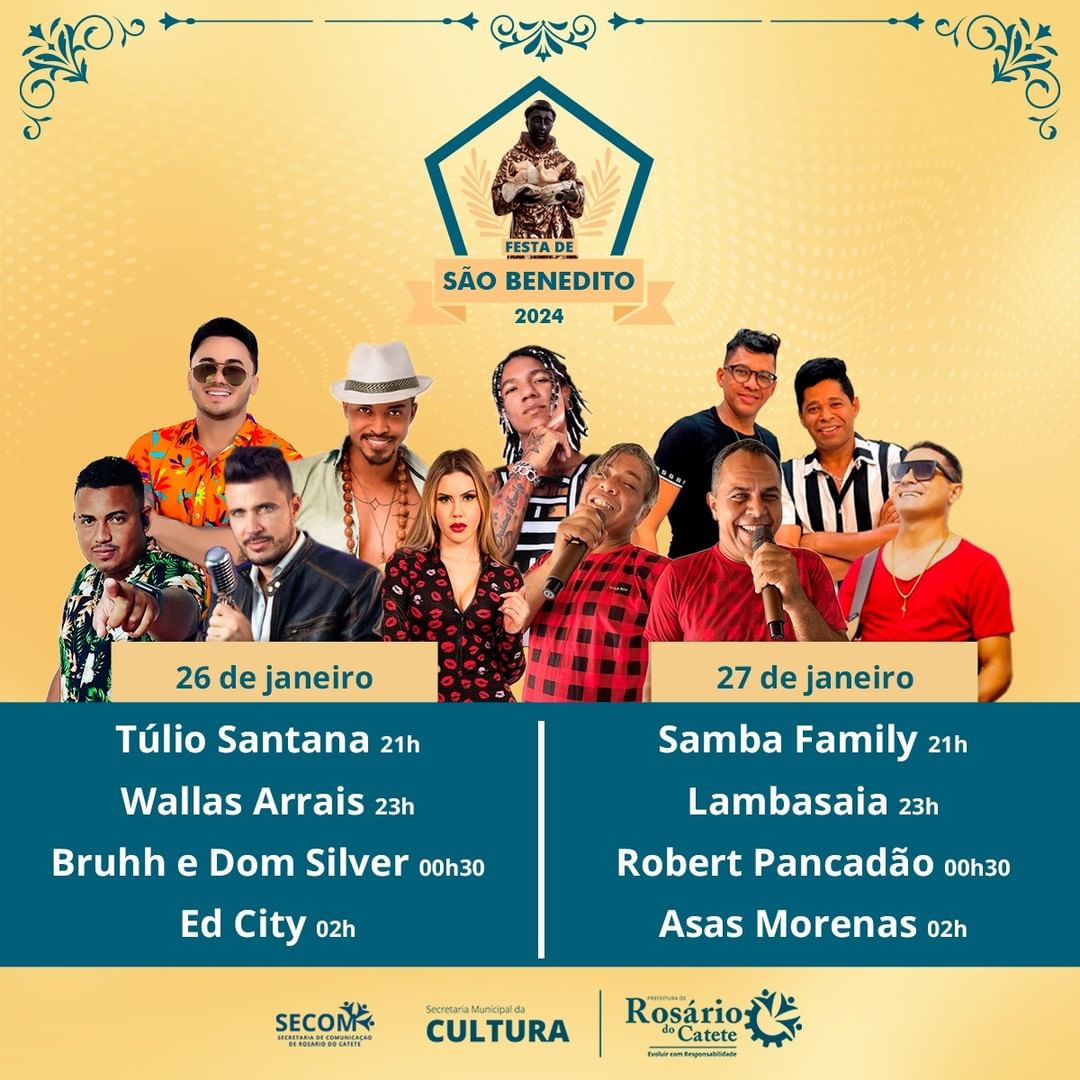 Confira a programação da festa de São Benedito em Rosário do Catete Confira a programação da festa de São Benedito em Rosário do Catete