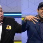 Datena dirige-se ao púlpito de Marçal após ser provocado durante o debate da TV Gazeta