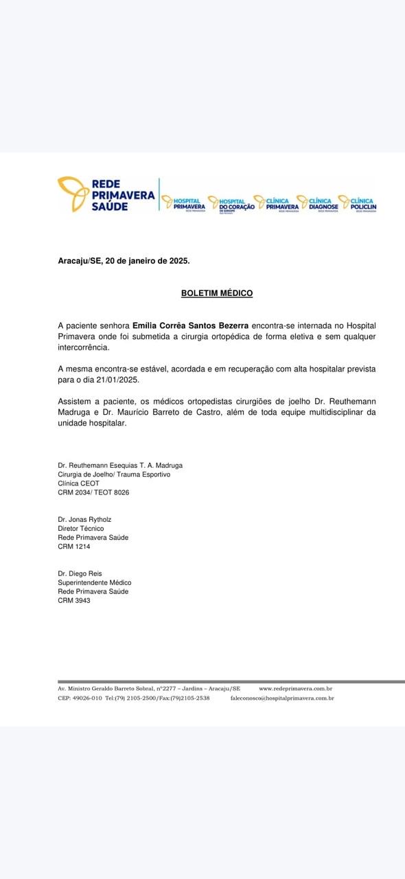 Boletim médico da prefeita Emília Corrêa é divulgado