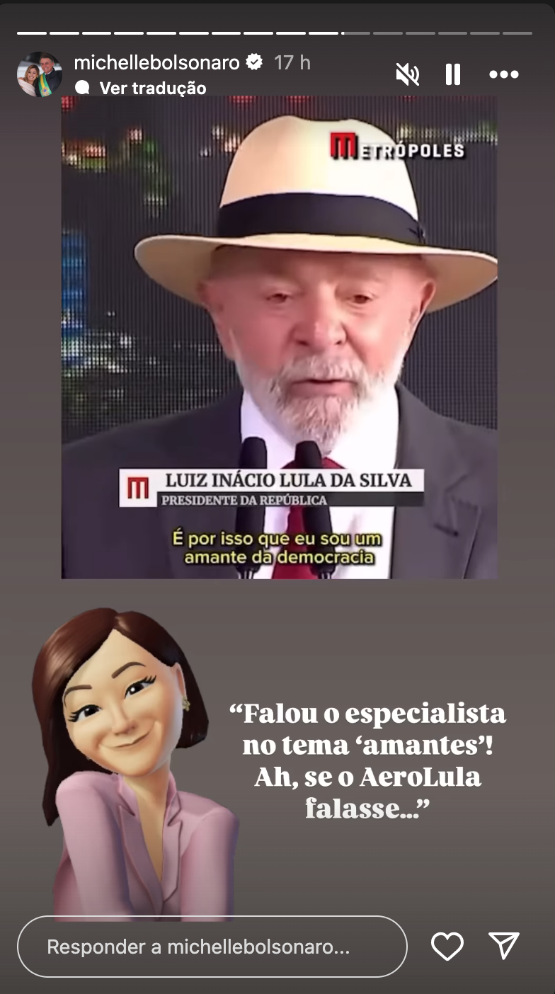 Michelle Bolsonaro escreve que Lula é “especialista em amantes” e completa “Ah, se o AeroLula falasse…”