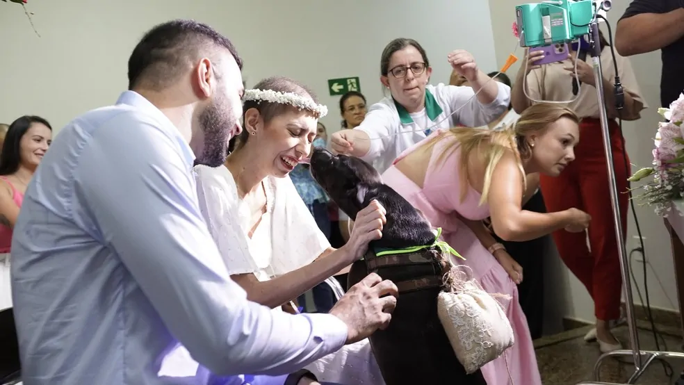 Paciente com câncer recebe festa surpresa com cão de terapia e casamento Paciente com câncer recebe festa surpresa com cão de terapia e casamento