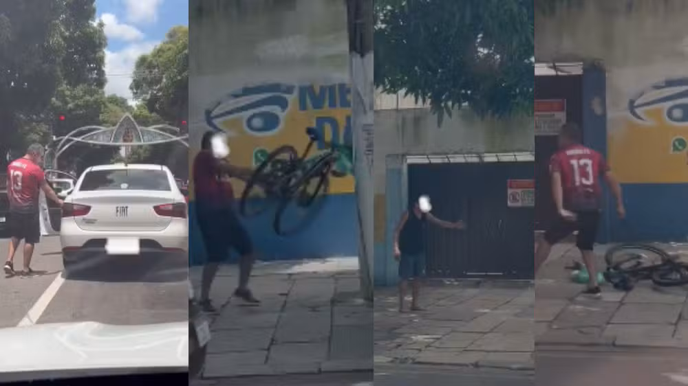 Descontrolado e em fúria, taxista destrói bicicleta de ciclista no meio da avenida