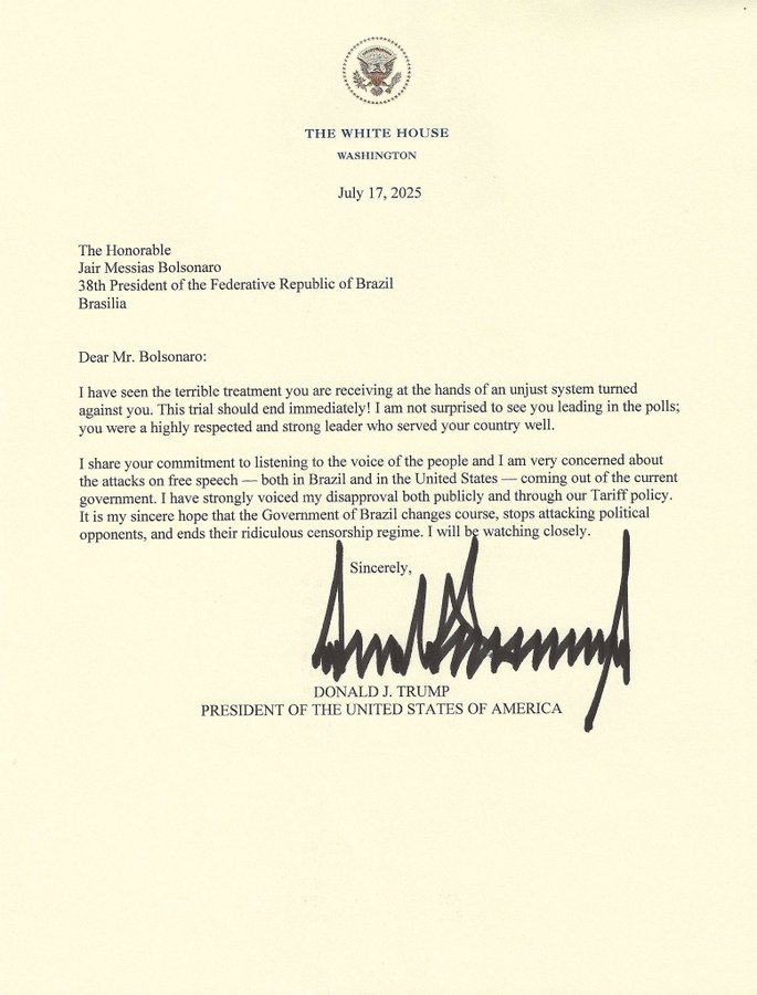 Trump confirma tom político em tarifaço ao Brasil em carta enviada para Eduardo Bolsonaro