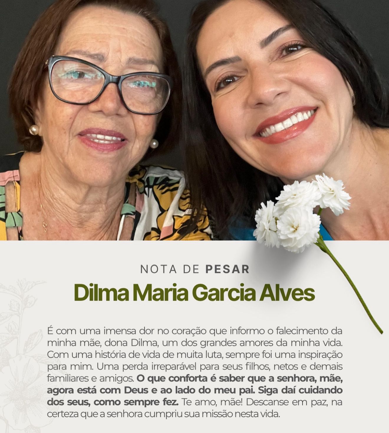 Secretária Danielle Garcia comunica falecimento da mãe, ex-professora Dilma Maria Garcia