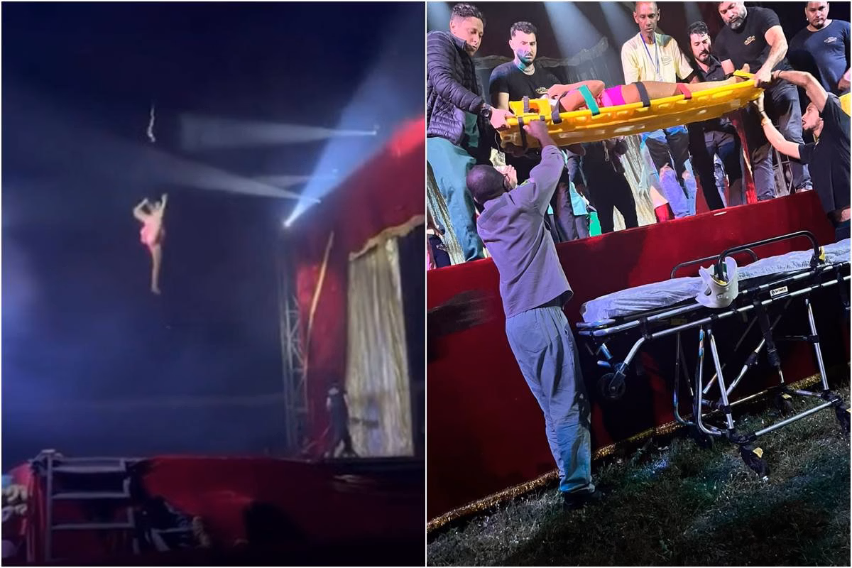 Pendurada pelos cabelos, artista circense despenca durante espetáculo