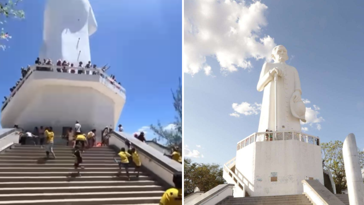 Homem joga dinheiro diante de estátua de Padre Cícero como cumprimento de promessa