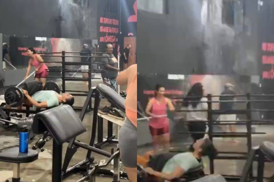 Aluna mantém treino durante alagamento em academia na BA e vídeo viraliza 