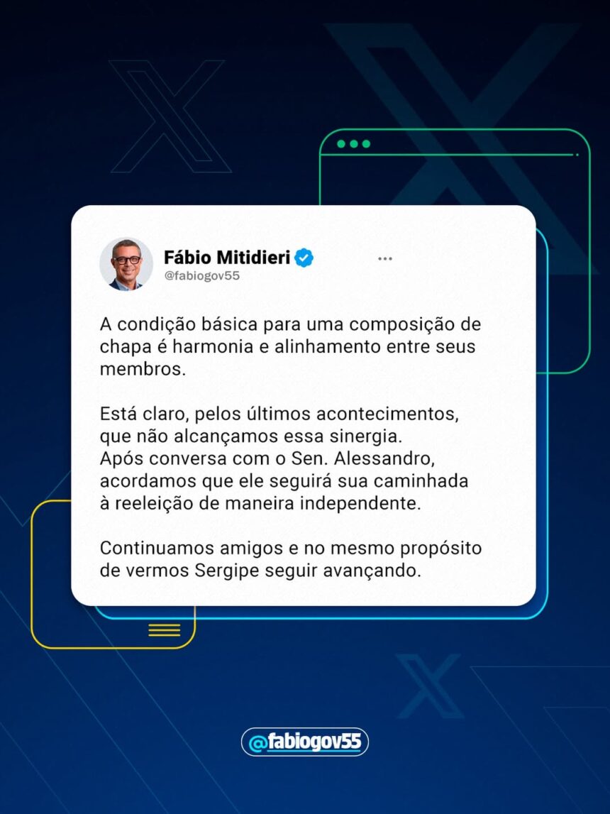 Fábio Mitidieri anuncia saída de Alessandro Vieira da chapa majoritária Fábio Mitidieri anuncia saída de Alessandro Vieira da chapa majoritária