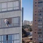 Mulher é flagrada limpando janela pelo lado de fora no 10º andar em Goiânia