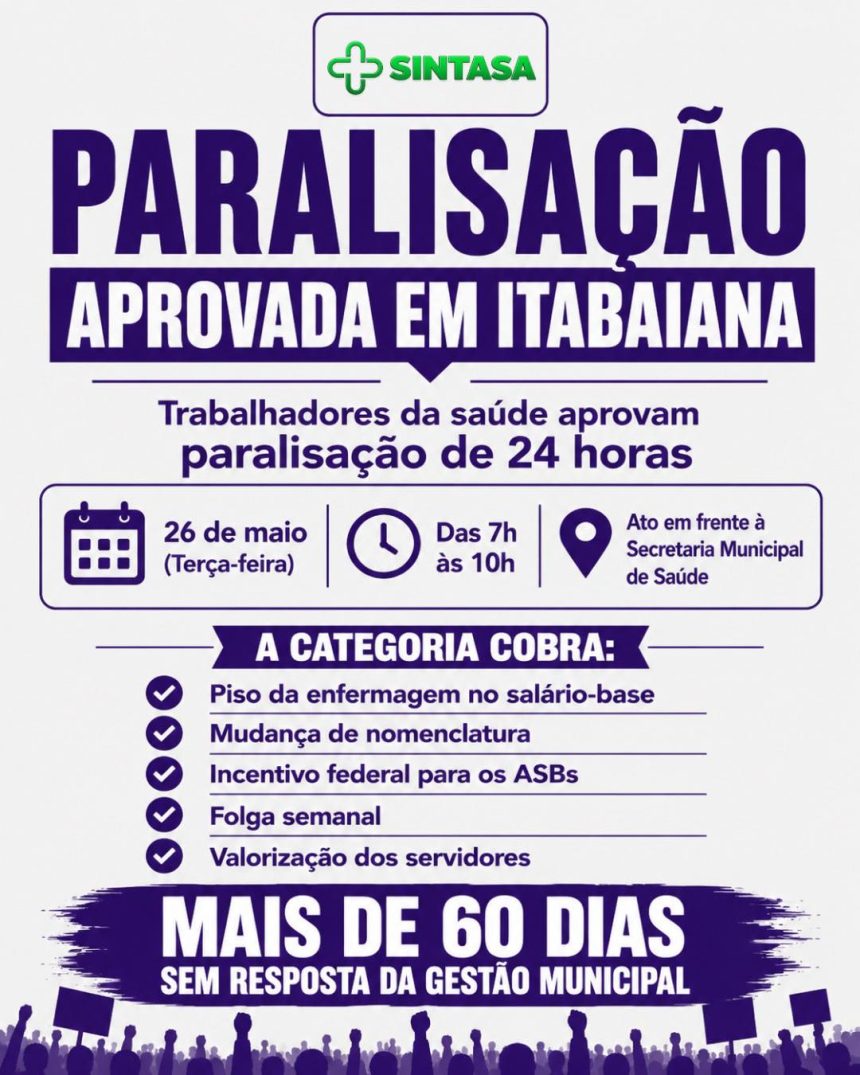 Servidores da saúde anunciam paralisação de 24 horas em Itabaiana após impasse com a prefeitura