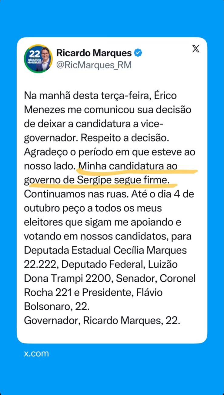 Ricardo Marques afirma que candidatura ao Governo de Sergipe continua após saída de vice Ricardo Marques afirma que candidatura ao Governo de Sergipe continua após saída de vice